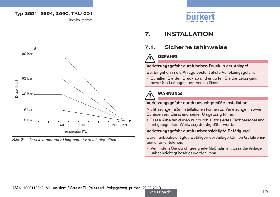 Installation, Sicherheitshinweise | Burkert Type TKU001 User Manual | Page 19 / 34