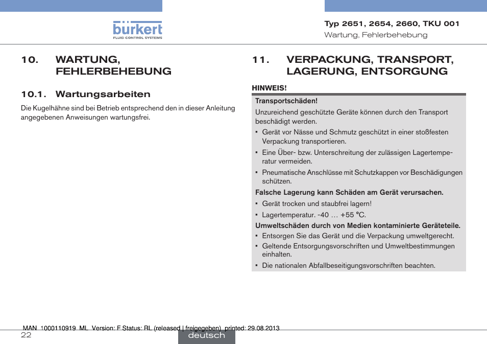 Wartung, fehlerbehebung, Wartungsarbeiten, Verpackung, transport, lagerung, entsorgung | Burkert Type TKU001 User Manual | Page 22 / 34