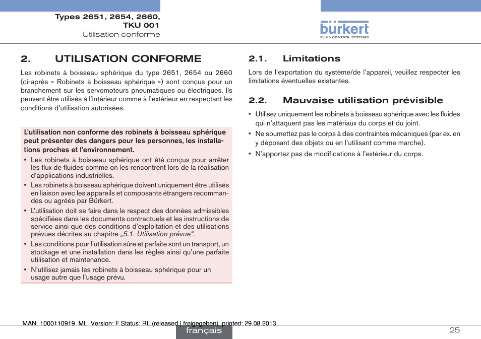 Utilisation conforme, Limitations 2.2. mauvaise utilisation prévisible | Burkert Type TKU001 User Manual | Page 25 / 34