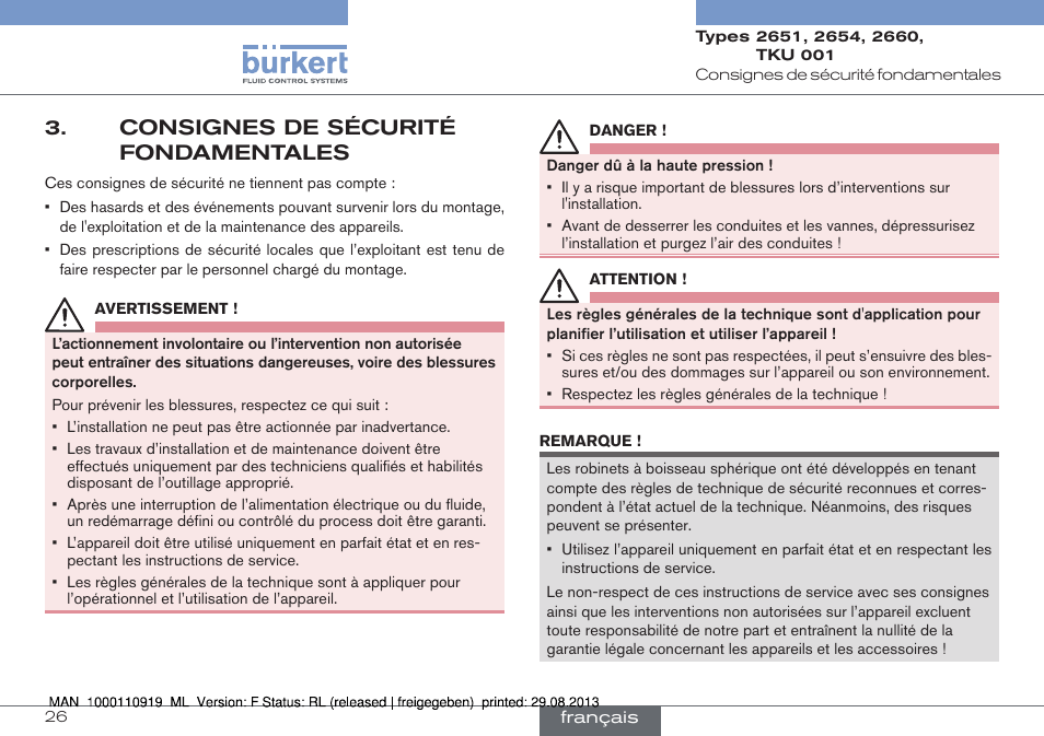 Consignes de sécurité fondamentales | Burkert Type TKU001 User Manual | Page 26 / 34