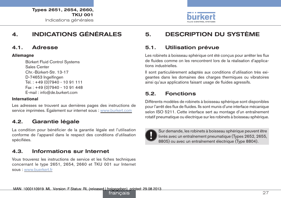 Indications générales, Description du système, Utilisation prévue 5.2. fonctions | Burkert Type TKU001 User Manual | Page 27 / 34