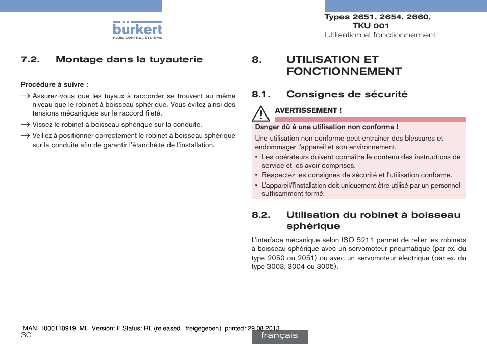 Montage dans la tuyauterie, Utilisation et fonctionnement | Burkert Type TKU001 User Manual | Page 30 / 34