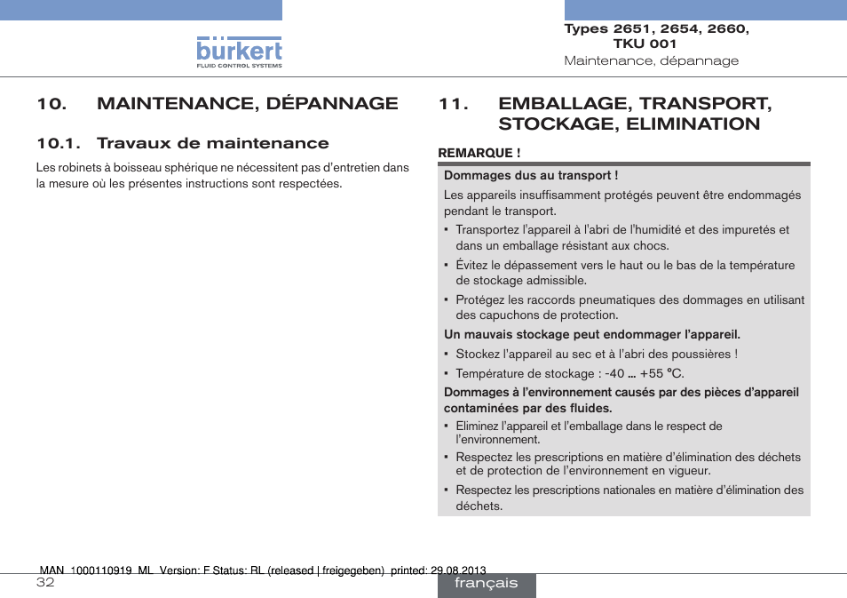 Maintenance, dépannage, Travaux de maintenance, Emballage, transport, stockage, elimination | Burkert Type TKU001 User Manual | Page 32 / 34