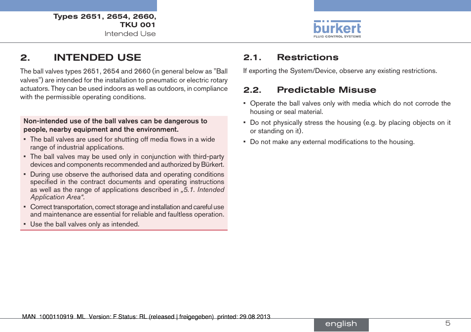 Intended use, Restrictions 2.2. predictable misuse | Burkert Type TKU001 User Manual | Page 5 / 34