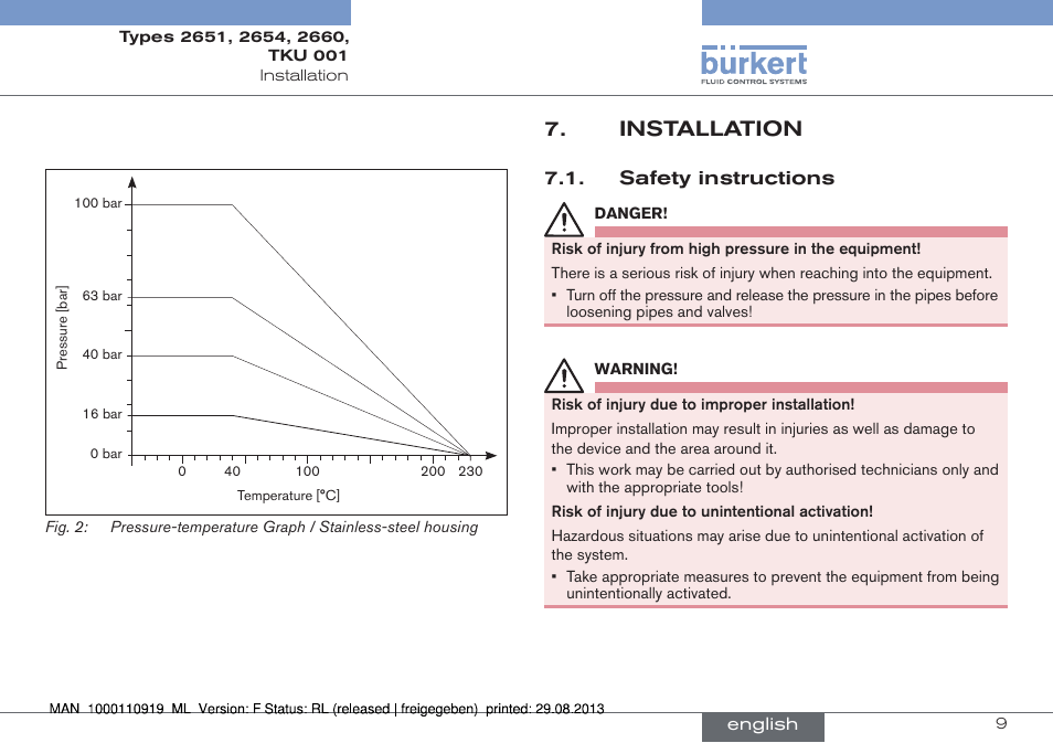 Installation, Safety instructions | Burkert Type TKU001 User Manual | Page 9 / 34