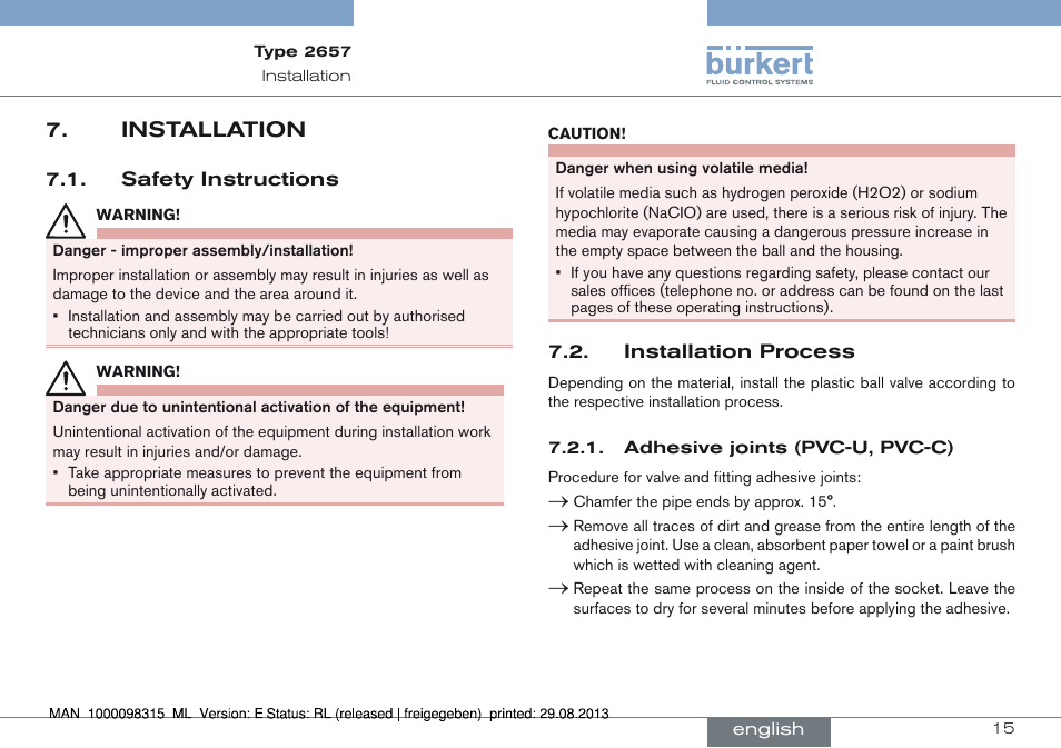 Installation, Safety instructions 7.2. installation process, Installation 7 | Burkert Type 2658 User Manual | Page 15 / 75