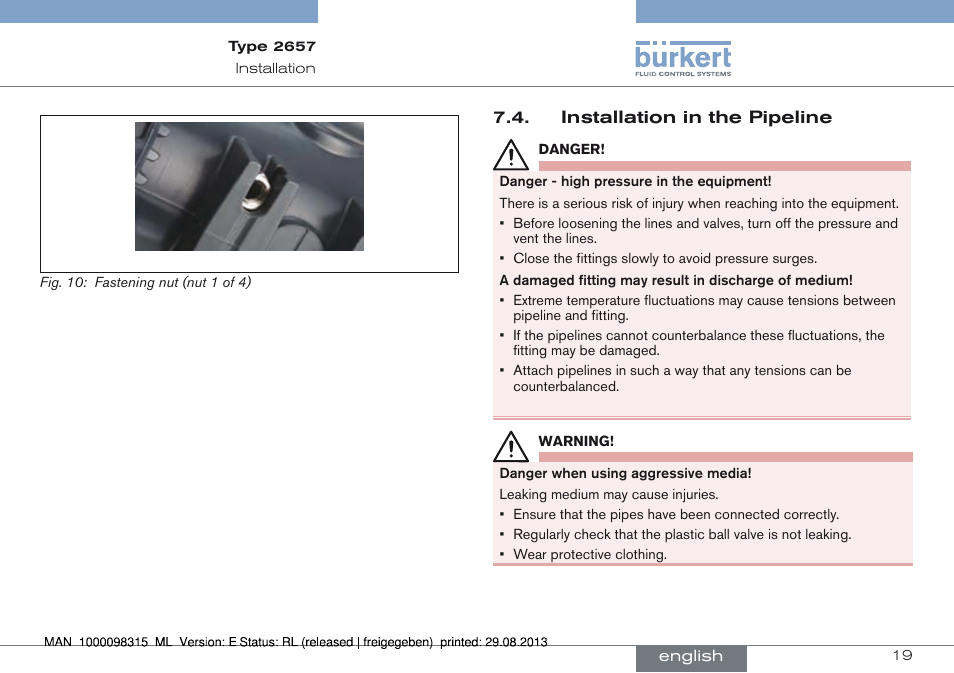 Installation in the pipeline | Burkert Type 2658 User Manual | Page 19 / 75