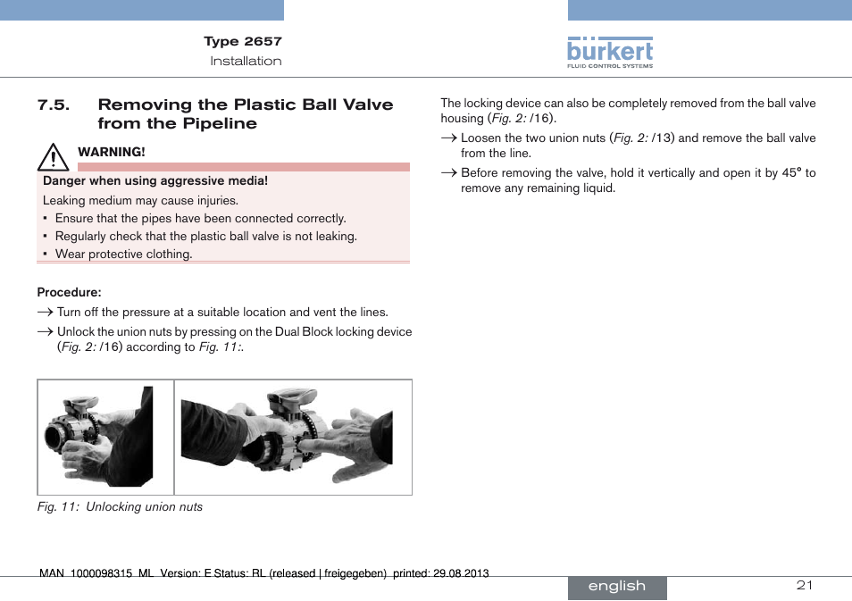 Removing the plastic ball valve from the pipeline | Burkert Type 2658 User Manual | Page 21 / 75