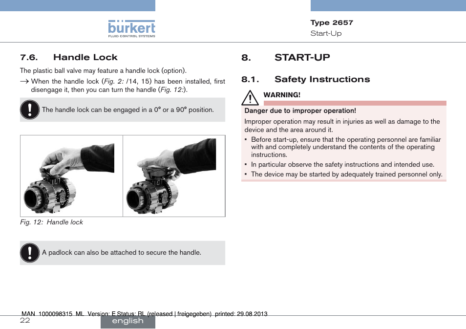 Handle lock, Start-up, Safety instructions | Start-up 8 | Burkert Type 2658 User Manual | Page 22 / 75