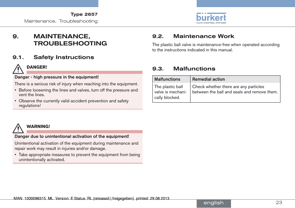 Maintenance, troubleshooting, Maintenance, 9. troubleshooting | Burkert Type 2658 User Manual | Page 23 / 75