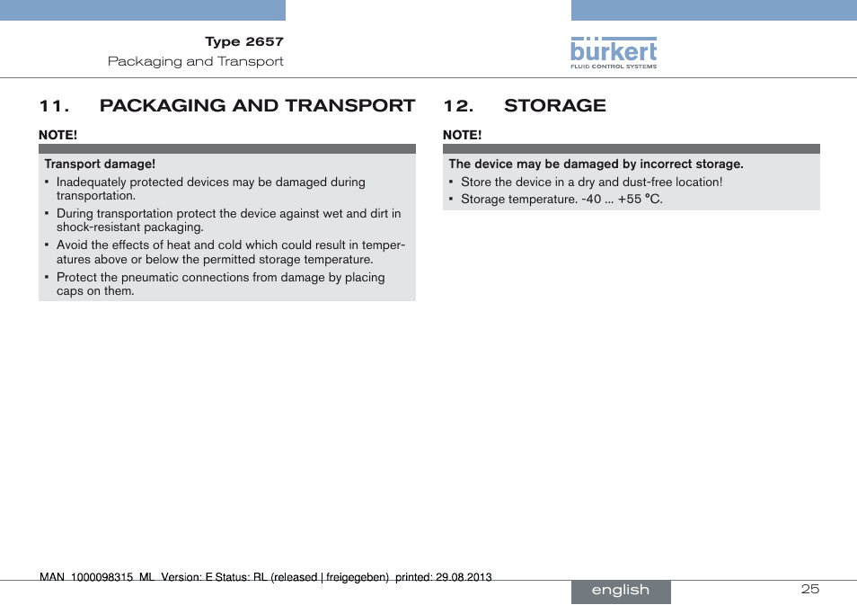 Packaging and transport, Storage, Packaging and transport 11 | Storage 12 | Burkert Type 2658 User Manual | Page 25 / 75