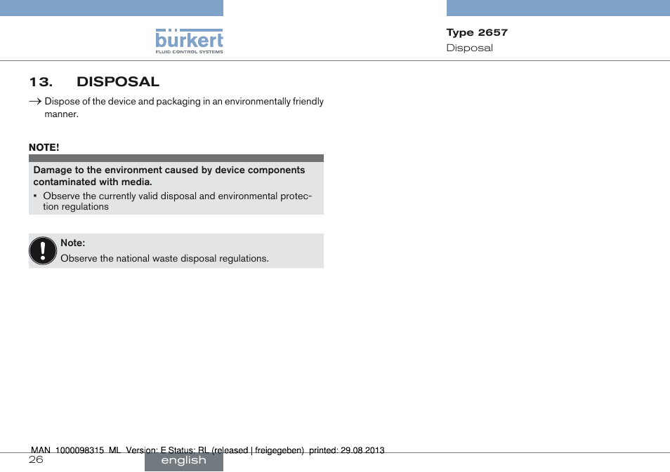 Disposal 13 | Burkert Type 2658 User Manual | Page 26 / 75