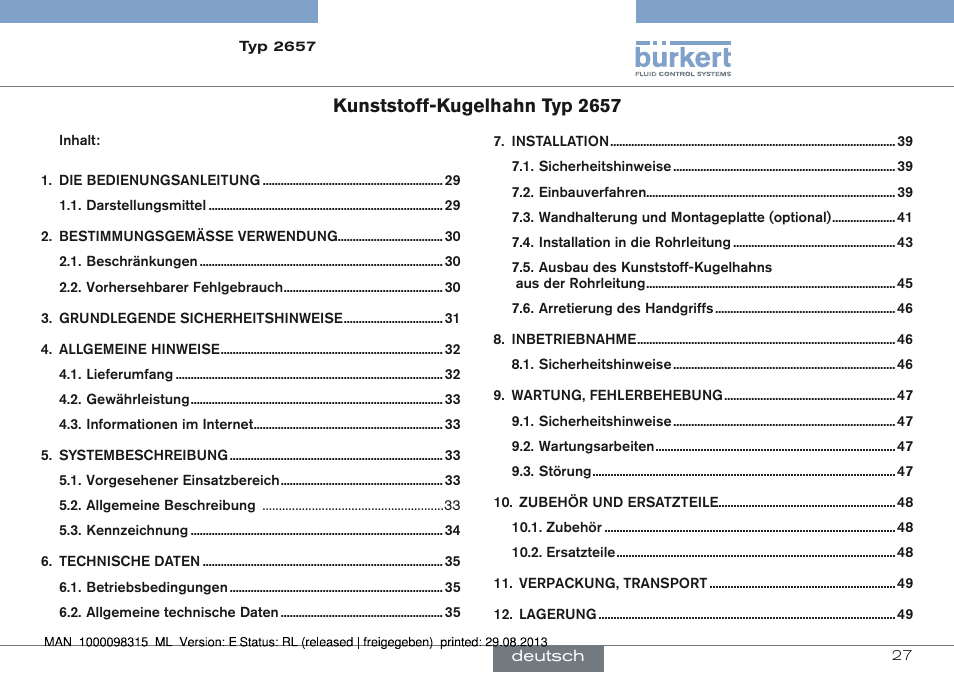 Deutsch, Kunststoff-kugelhahn typ 2657 | Burkert Type 2658 User Manual | Page 27 / 75