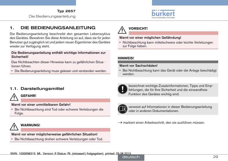 Die bedienungsanleitung, Darstellungsmittel | Burkert Type 2658 User Manual | Page 29 / 75