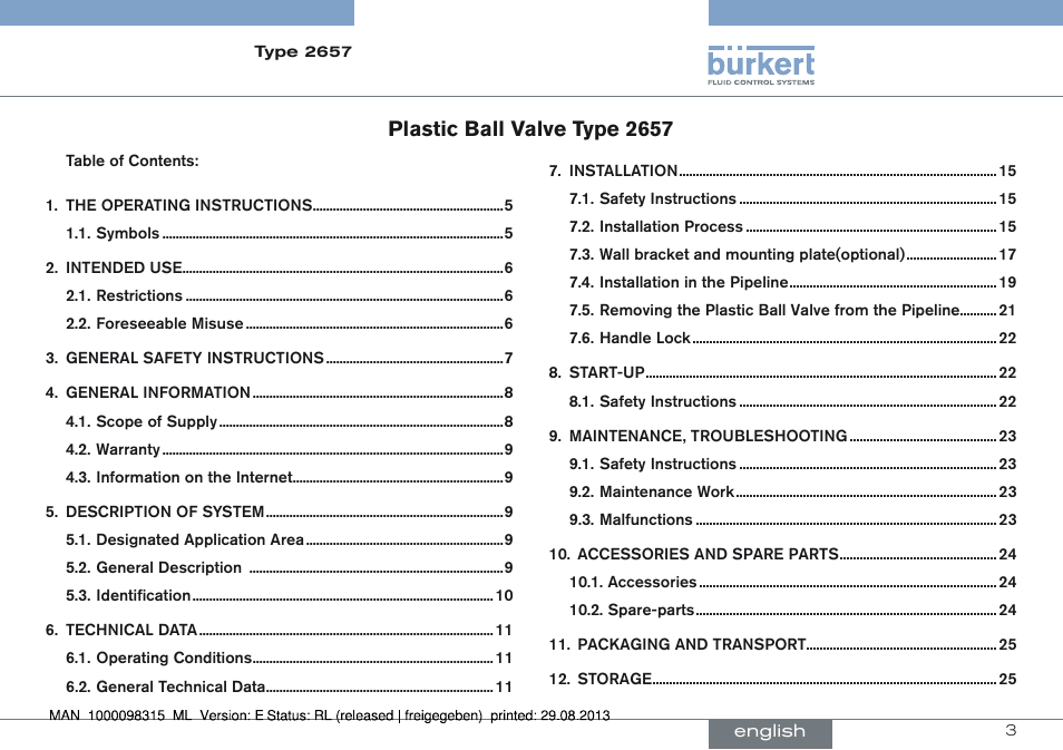 English, Plastic ball valve type 2657 | Burkert Type 2658 User Manual | Page 3 / 75