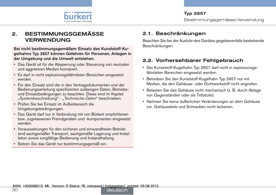 Bestimmungsgemässe verwendung, Beschränkungen 2.2. vorhersehbarer fehlgebrauch | Burkert Type 2658 User Manual | Page 30 / 75