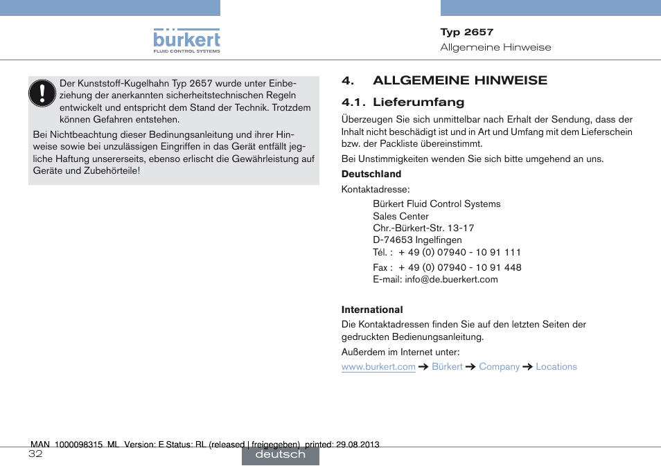 Allgemeine hinweise, Lieferumfang | Burkert Type 2658 User Manual | Page 32 / 75