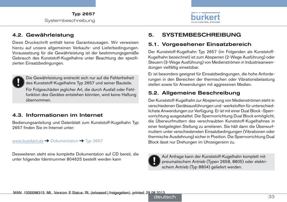 Gewährleistung 4.3. informationen im internet, Systembeschreibung | Burkert Type 2658 User Manual | Page 33 / 75
