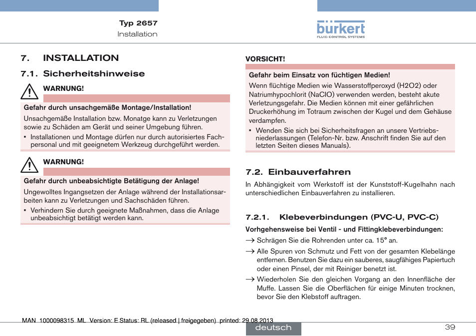 Installation, Sicherheitshinweise 7.2. einbauverfahren | Burkert Type 2658 User Manual | Page 39 / 75