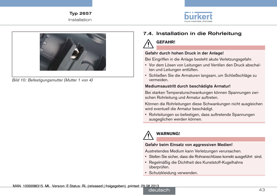 Installation in die rohrleitung | Burkert Type 2658 User Manual | Page 43 / 75