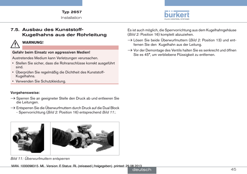 Ausbau des kunststoff-kugelhahns, Aus der rohrleitung | Burkert Type 2658 User Manual | Page 45 / 75