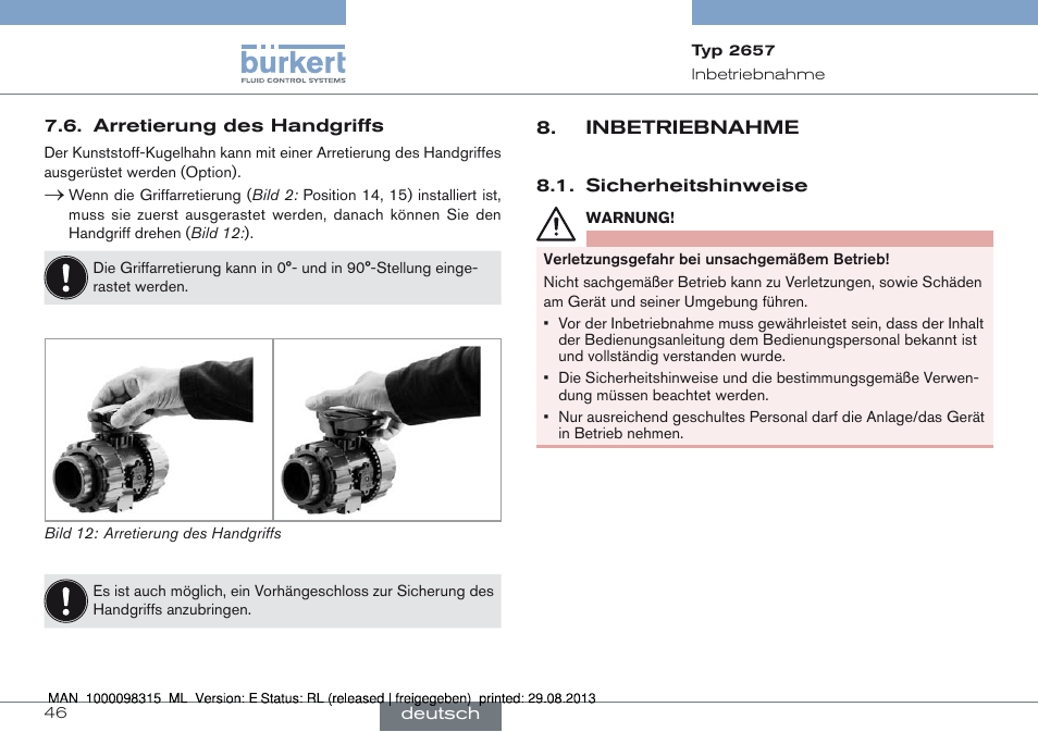 Arretierung des handgriffs, Inbetriebnahme, Sicherheitshinweise | Burkert Type 2658 User Manual | Page 46 / 75