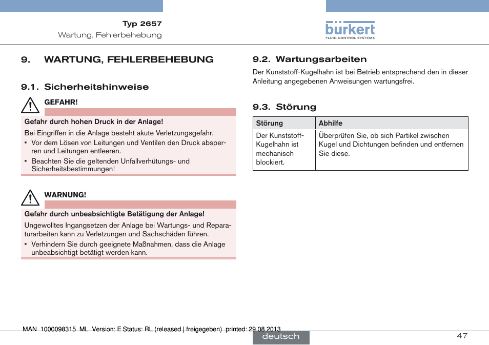 Wartung, fehlerbehebung | Burkert Type 2658 User Manual | Page 47 / 75