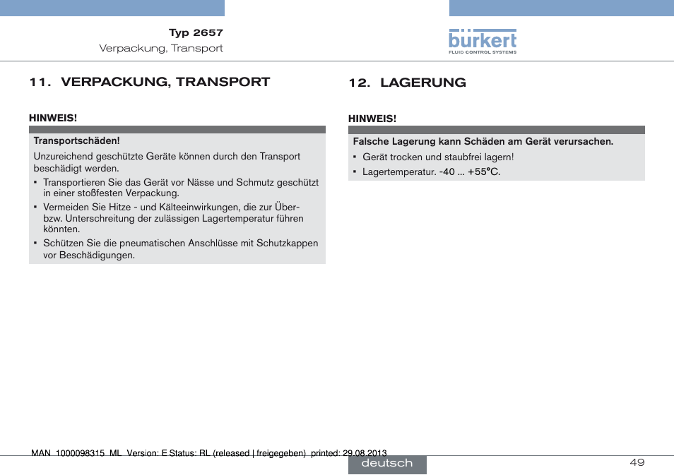 Verpackung, transport, Lagerung | Burkert Type 2658 User Manual | Page 49 / 75