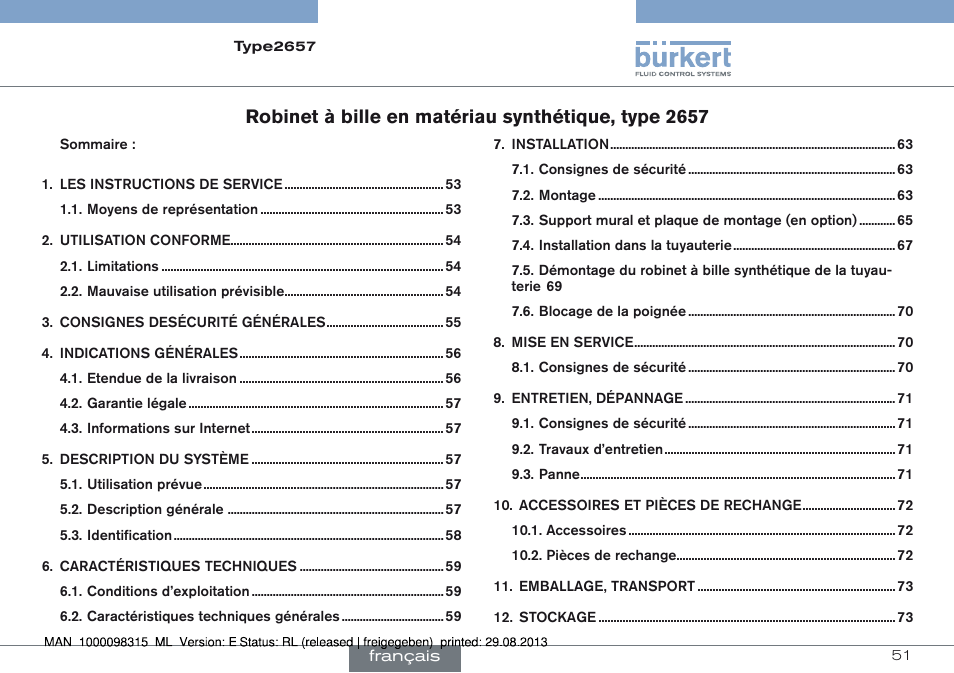 Francais, Robinet à bille en matériau synthétique, type 2657 | Burkert Type 2658 User Manual | Page 51 / 75