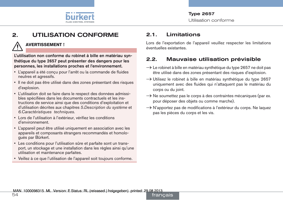 Utilisation conforme, Limitations 2.2. mauvaise utilisation prévisible, Utilisation conforme 2 | Burkert Type 2658 User Manual | Page 54 / 75