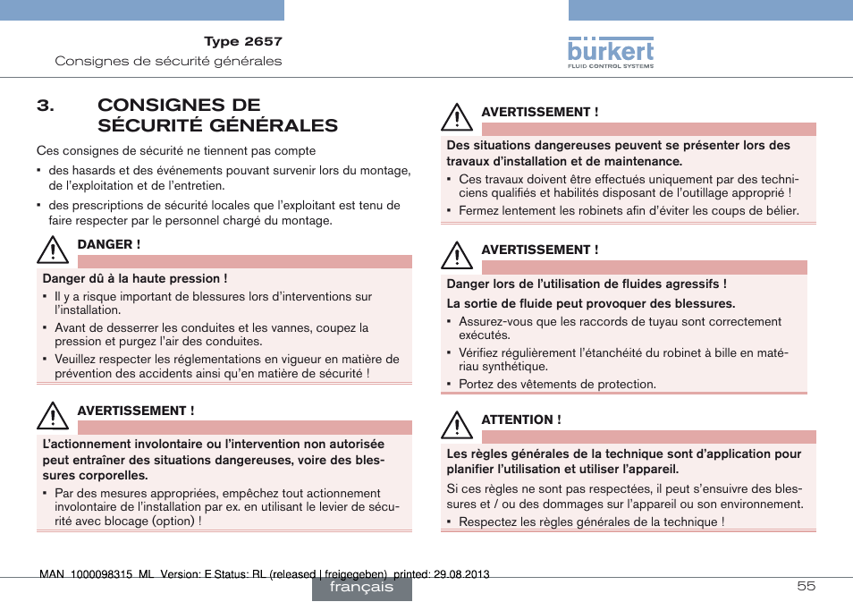 Consignes desécurité générales, Consignes de 3. sécurité générales | Burkert Type 2658 User Manual | Page 55 / 75