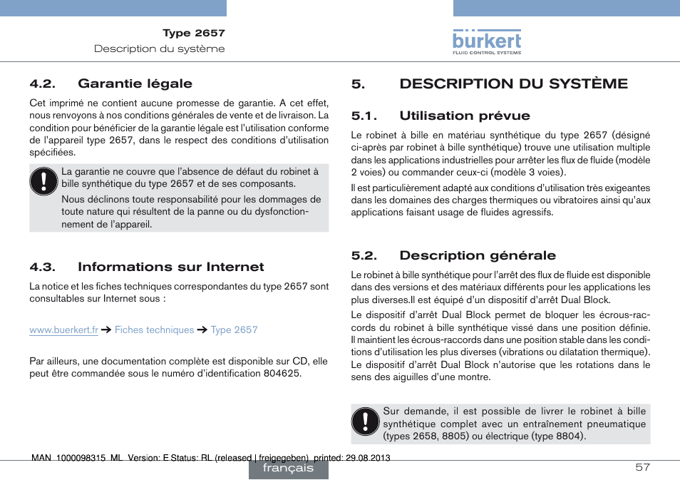 Garantie légale 4.3. informations sur internet, Description du système, Utilisation prévue 5.2. description générale | Burkert Type 2658 User Manual | Page 57 / 75