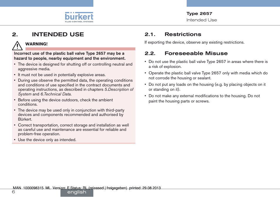 Intended use, Restrictions 2.2. foreseeable misuse, Intended use 2 | Burkert Type 2658 User Manual | Page 6 / 75