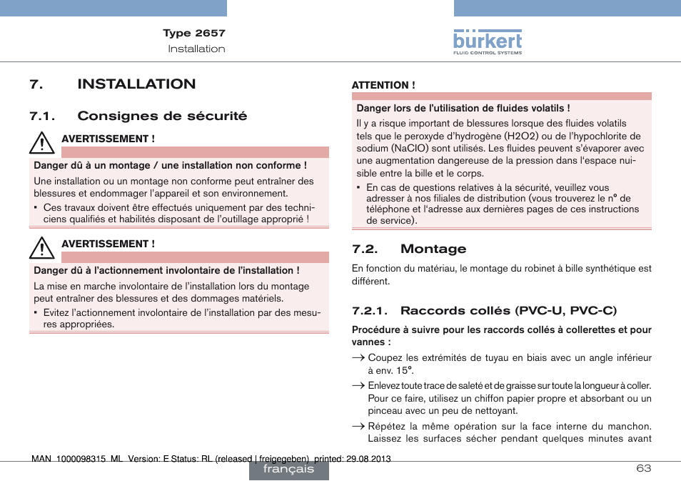 Installation, Consignes de sécurité 7.2. montage, Installation 7 | Burkert Type 2658 User Manual | Page 63 / 75