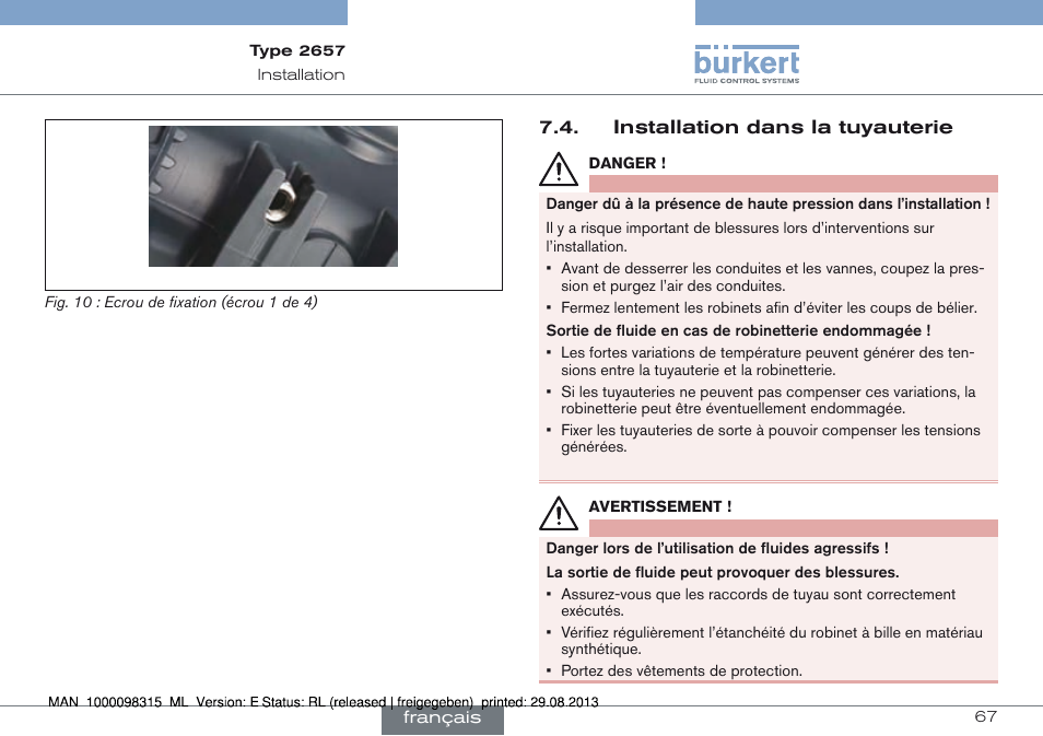 Installation dans la tuyauterie | Burkert Type 2658 User Manual | Page 67 / 75