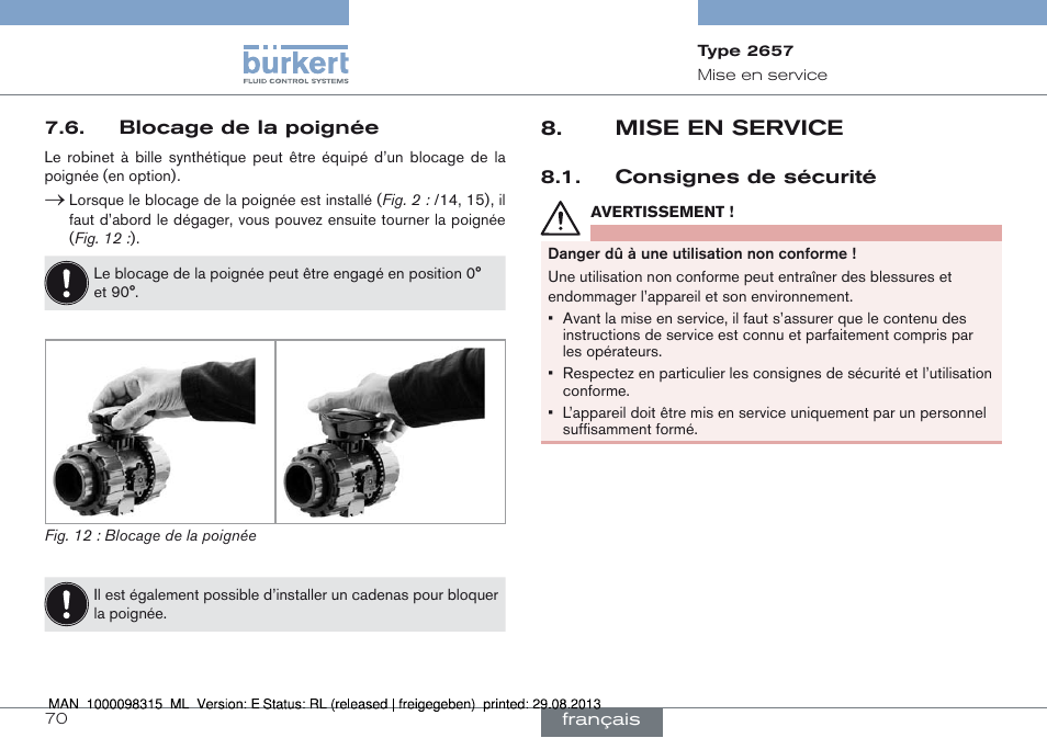 Blocage de la poignée, Mise en service, Consignes de sécurité | Mise en service 8 | Burkert Type 2658 User Manual | Page 70 / 75