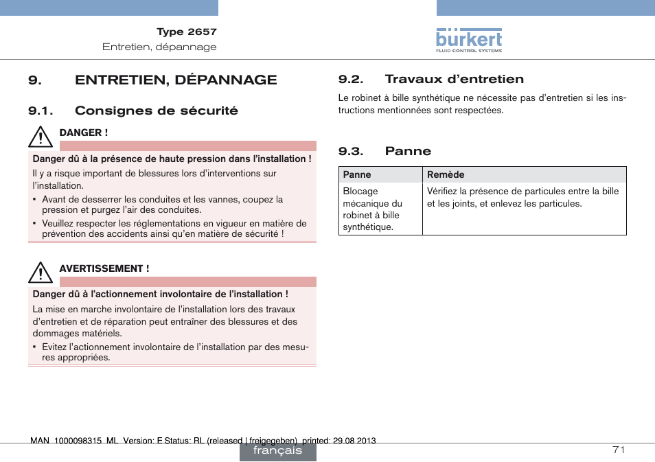 Entretien, dépannage, Entretien, dépannage 9 | Burkert Type 2658 User Manual | Page 71 / 75