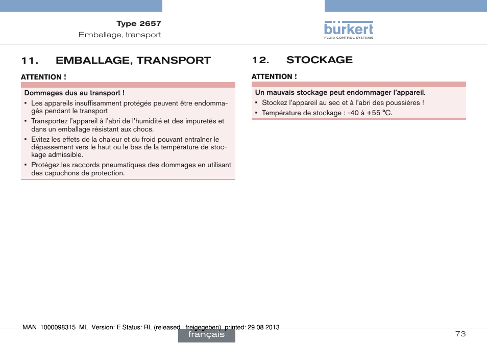 Emballage, transport, Stockage, Emballage, transport 11 | Stockage 12 | Burkert Type 2658 User Manual | Page 73 / 75