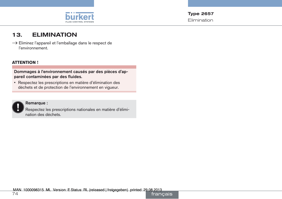 Elimination 13 | Burkert Type 2658 User Manual | Page 74 / 75