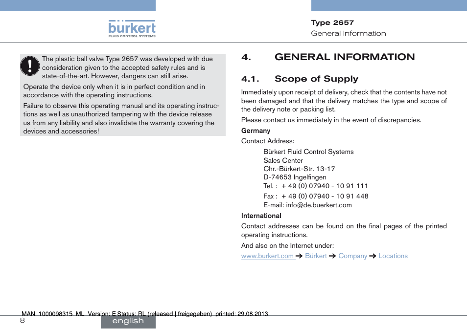 General information, Scope of supply, General information 4 | Burkert Type 2658 User Manual | Page 8 / 75