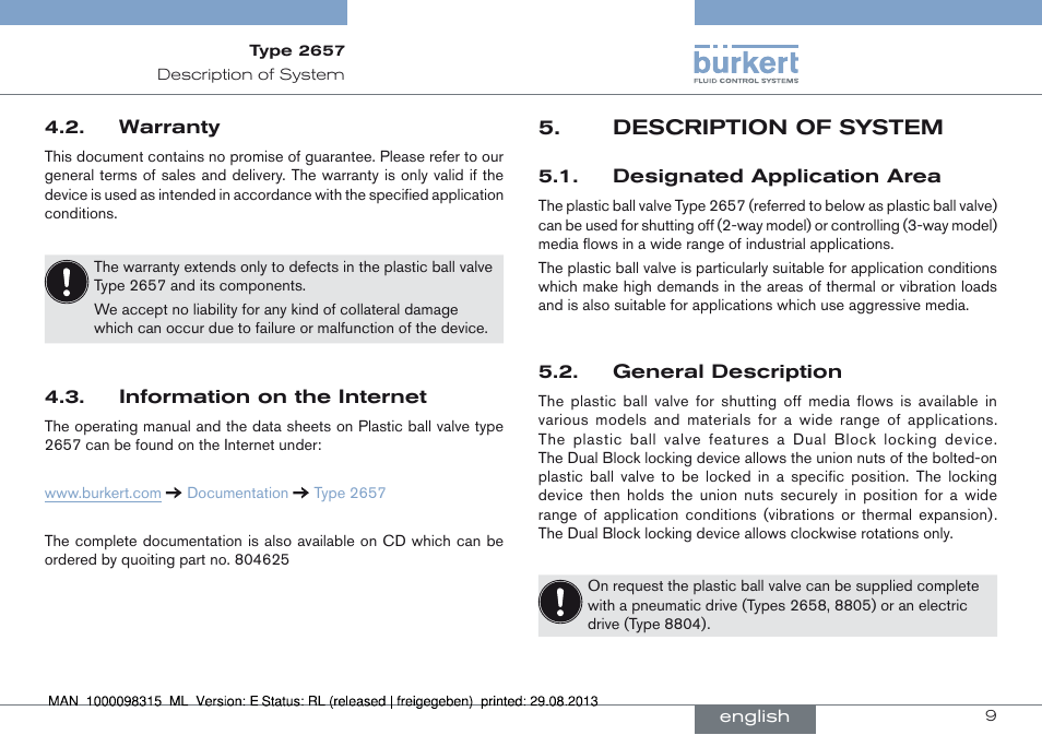 Warranty 4.3. information on the internet, Description of system, Operating instructions, as described in chapters | Description of, System | Burkert Type 2658 User Manual | Page 9 / 75