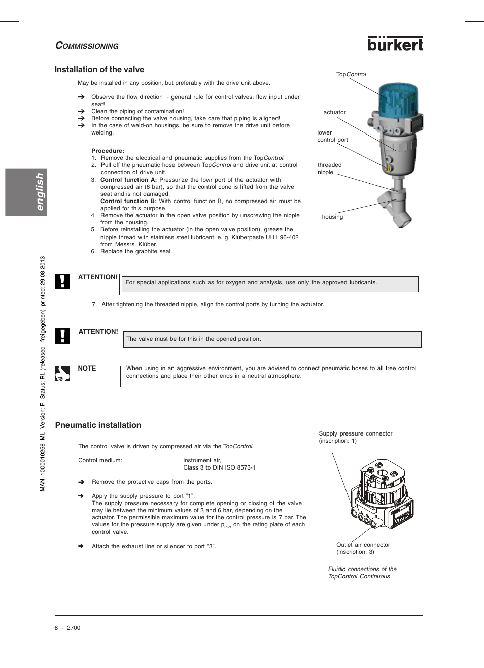 English, Pneumatic installation, Installation of the valve | Burkert Type 2700 User Manual | Page 10 / 41