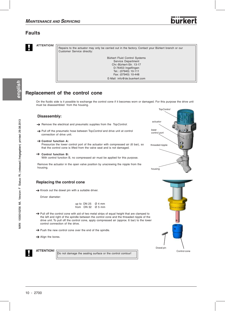 English, Faults replacement of the control cone, Disassembly | Replacing the control cone | Burkert Type 2700 User Manual | Page 12 / 41