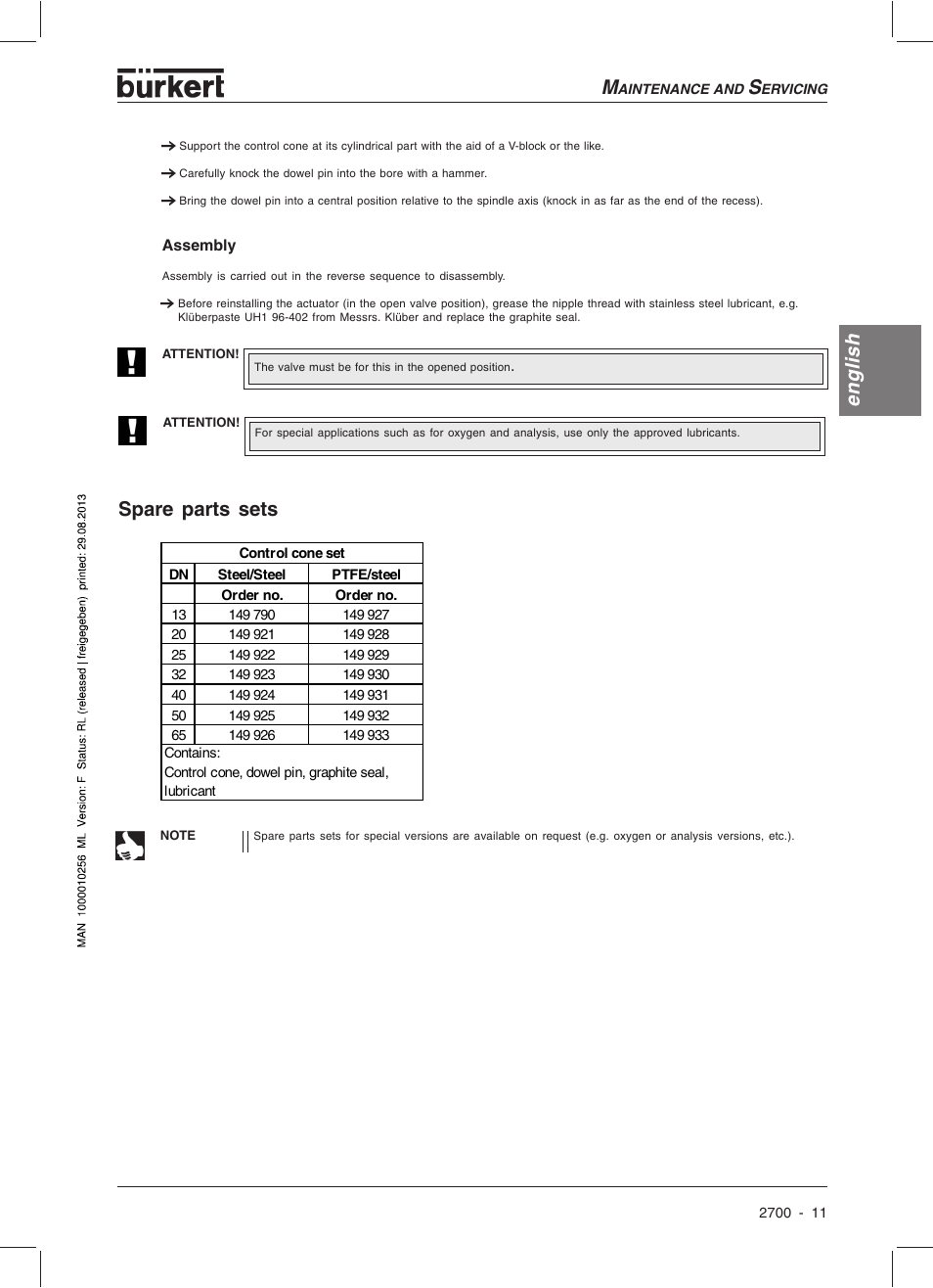 English, Spare parts sets | Burkert Type 2700 User Manual | Page 13 / 41