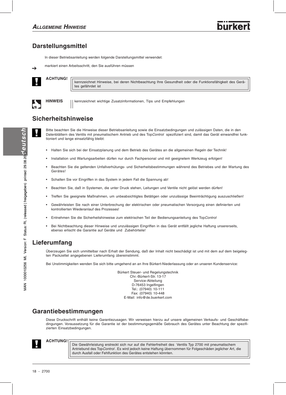 Deutsch garantiebestimmungen, Lieferumfang, Darstellungsmittel | Sicherheitshinweise | Burkert Type 2700 User Manual | Page 20 / 41