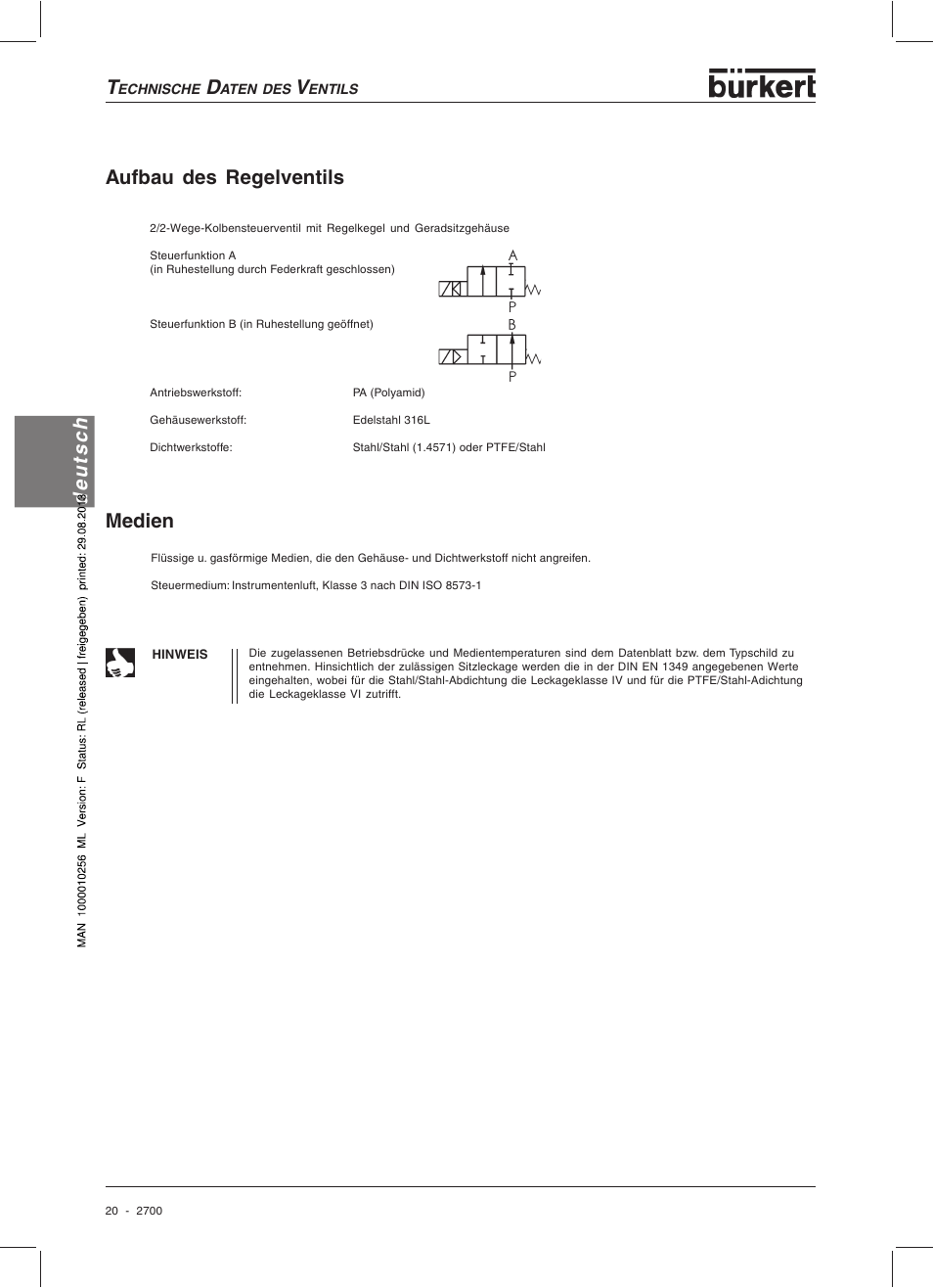 Deutsch, Medien, Aufbau des regelventils | Burkert Type 2700 User Manual | Page 22 / 41