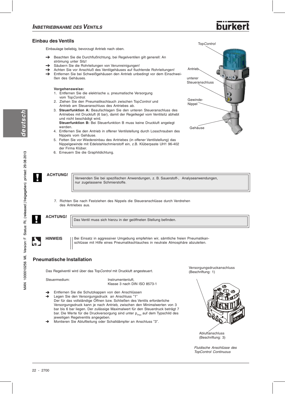 Deutsch, Pneumatische installation, Einbau des ventils | Burkert Type 2700 User Manual | Page 24 / 41