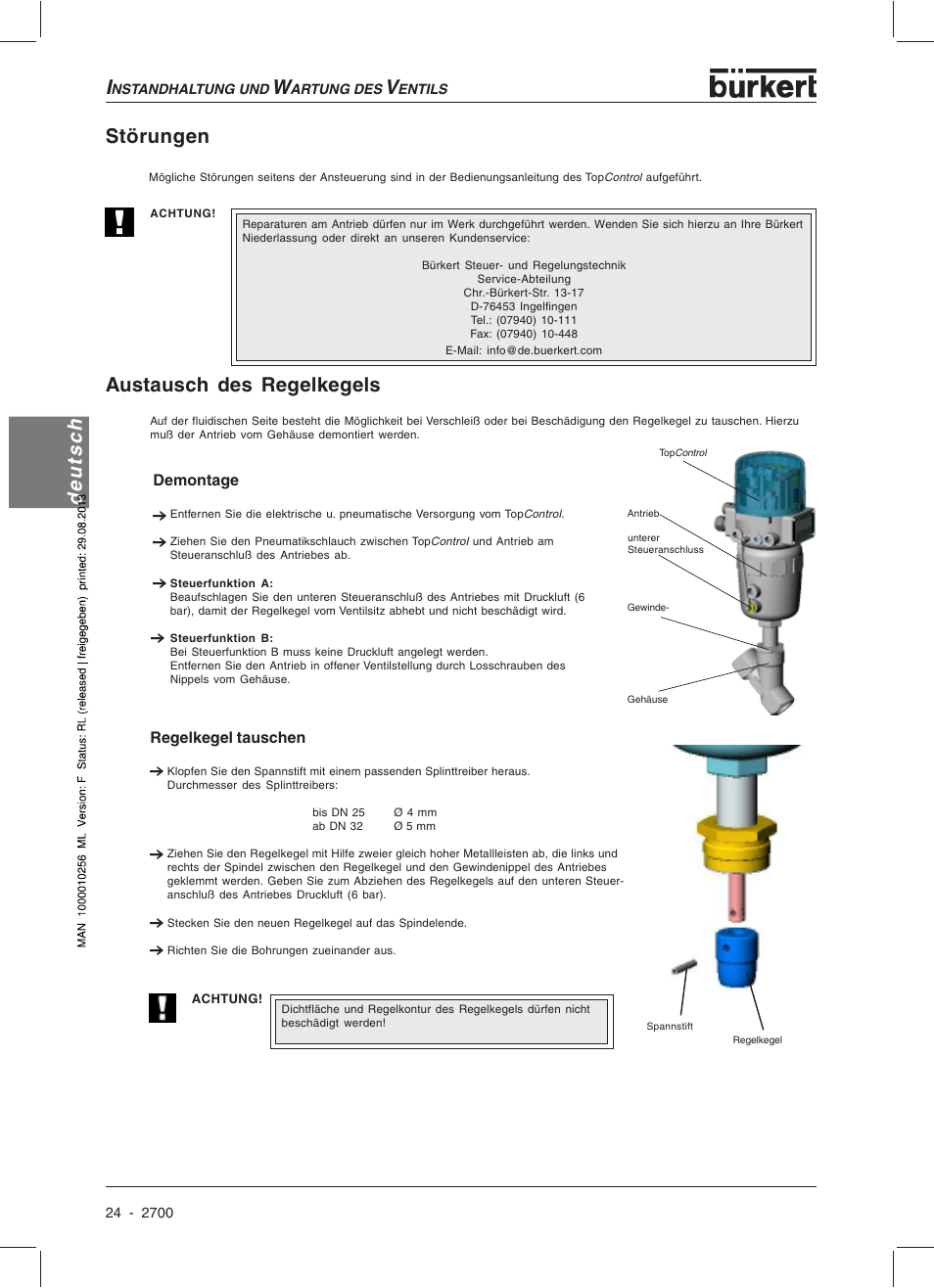 Deutsch, Störungen, Austausch des regelkegels | Burkert Type 2700 User Manual | Page 26 / 41