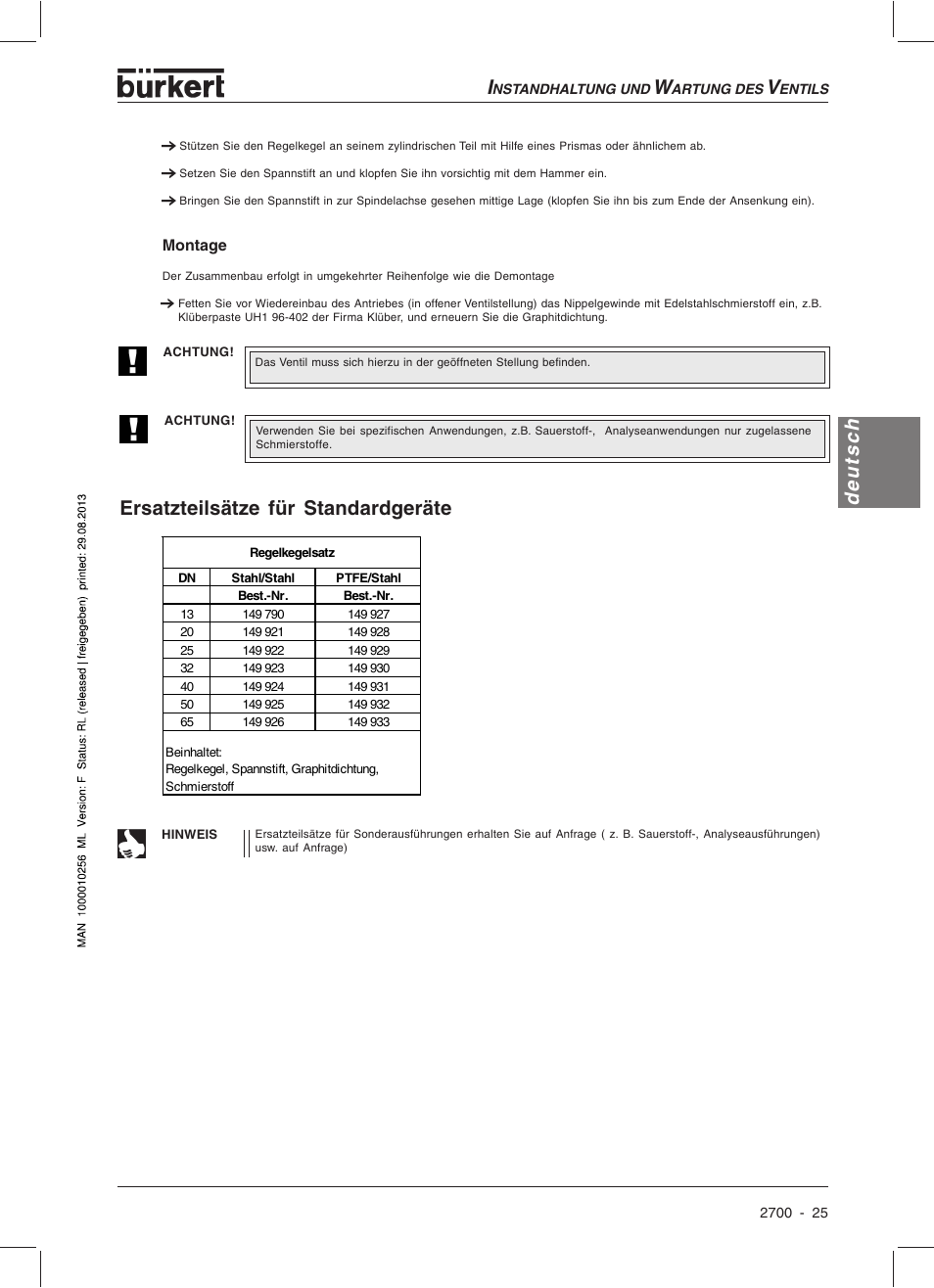 Deutsch, Ersatzteilsätze für standardgeräte | Burkert Type 2700 User Manual | Page 27 / 41