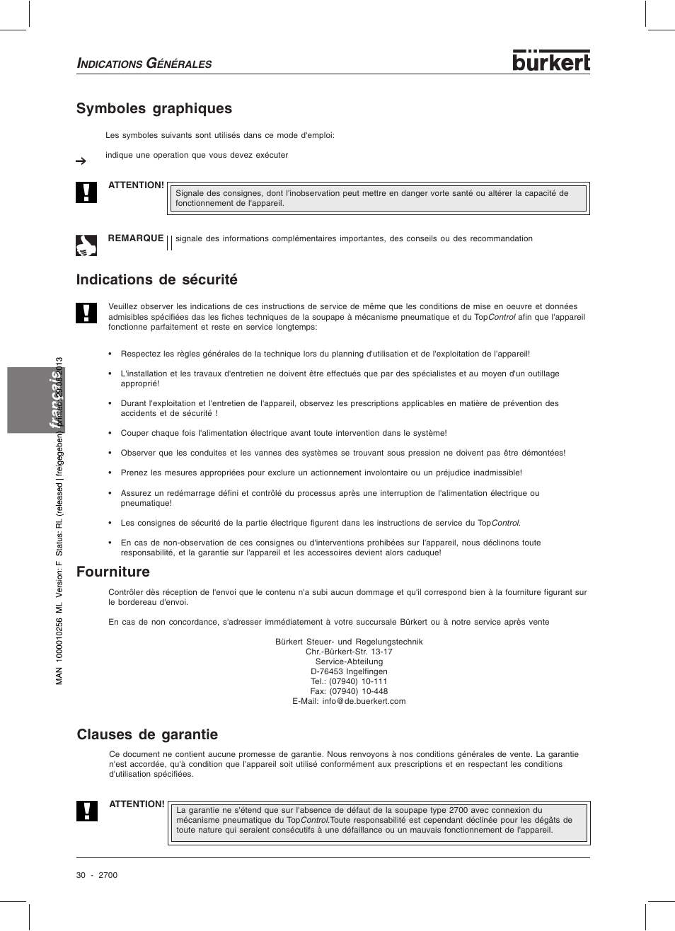 Français clauses de garantie, Fourniture, Symboles graphiques | Indications de sécurité | Burkert Type 2700 User Manual | Page 32 / 41